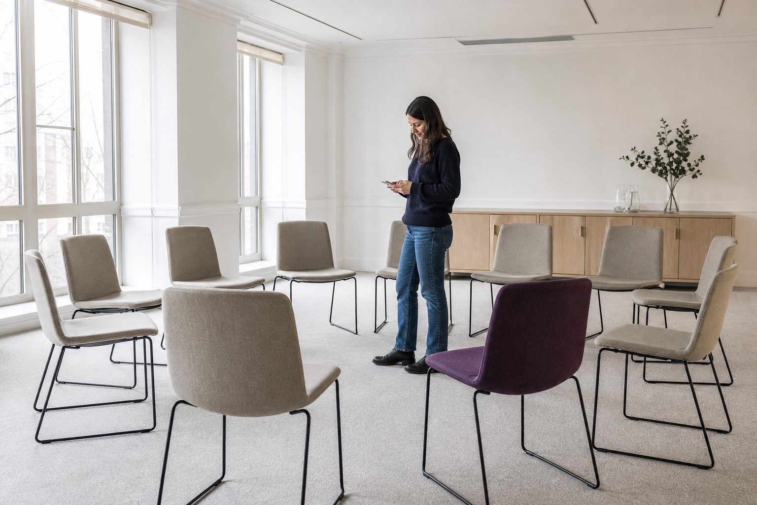 A woman standing in a bright meeting room with a loose circle of mostly empty chairs