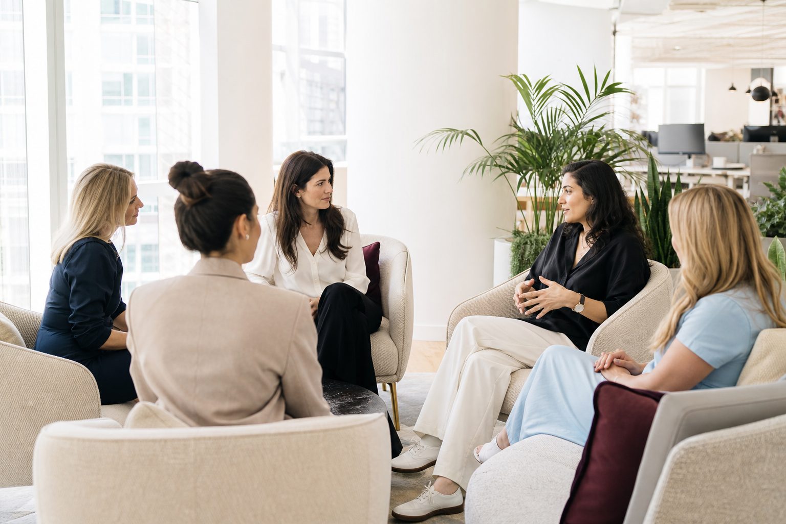 Five women seated in a circle of light chairs in a bright office corner
