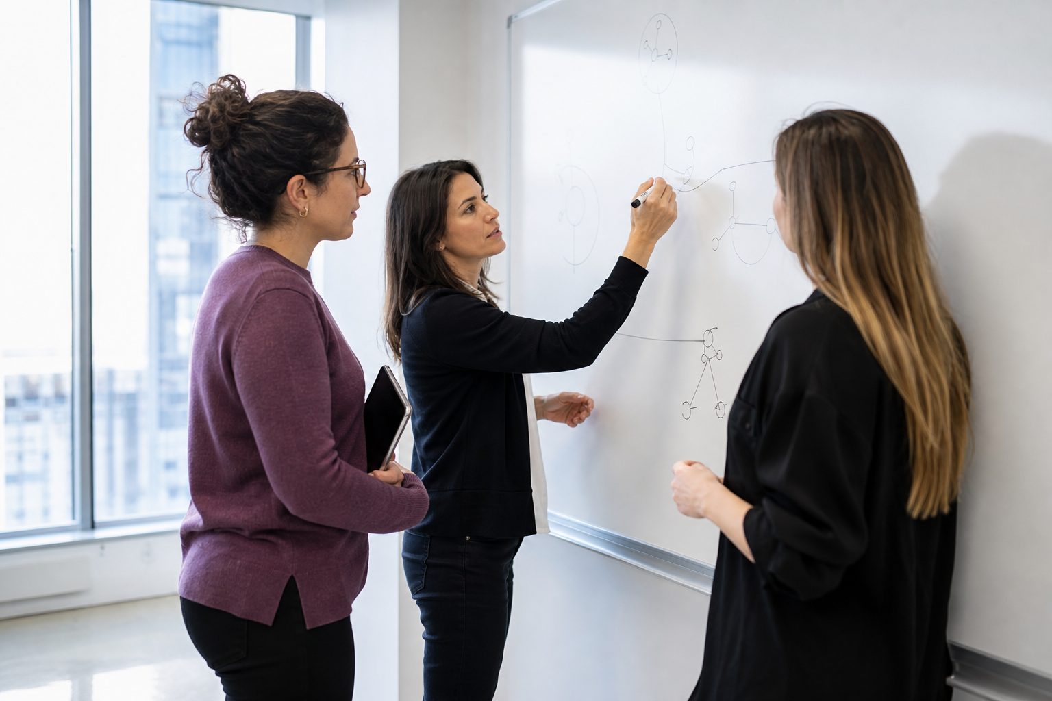 Three colleagues comparing circle diagrams on a whiteboard in a bright office