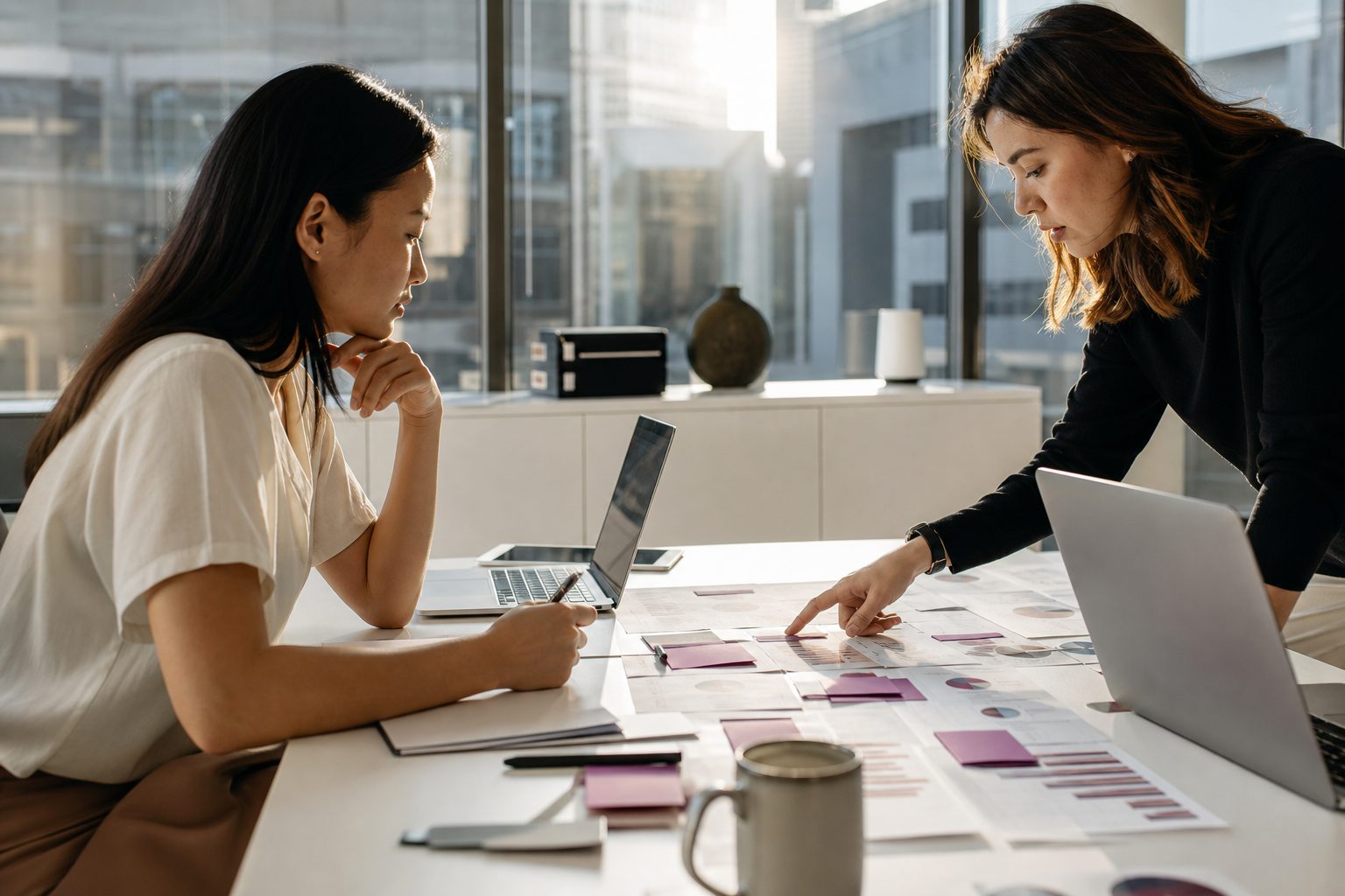 Two women assembling printed charts and notes at a bright office table