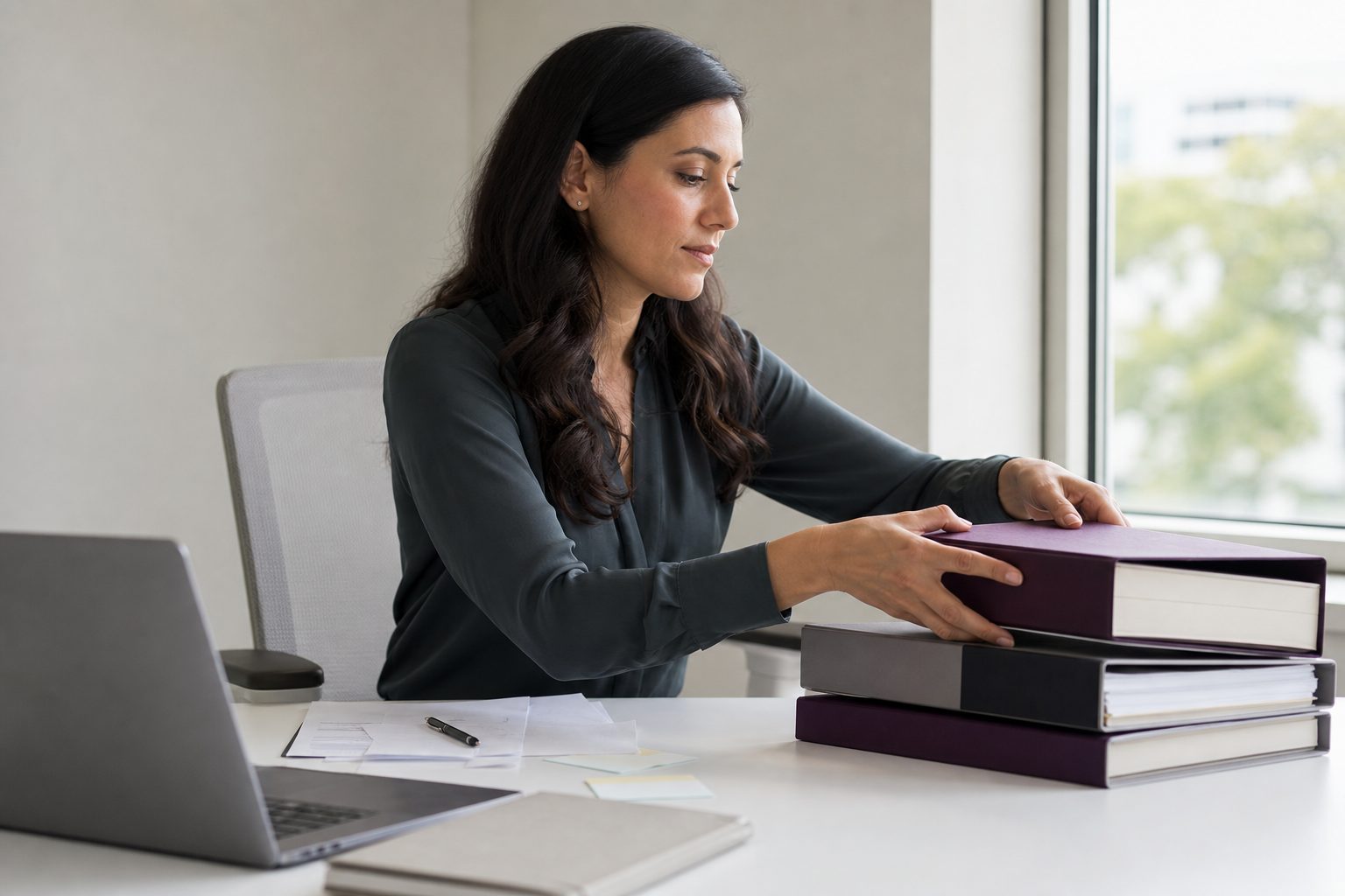 Woman organizing labeled folders at a bright desk beside a laptop