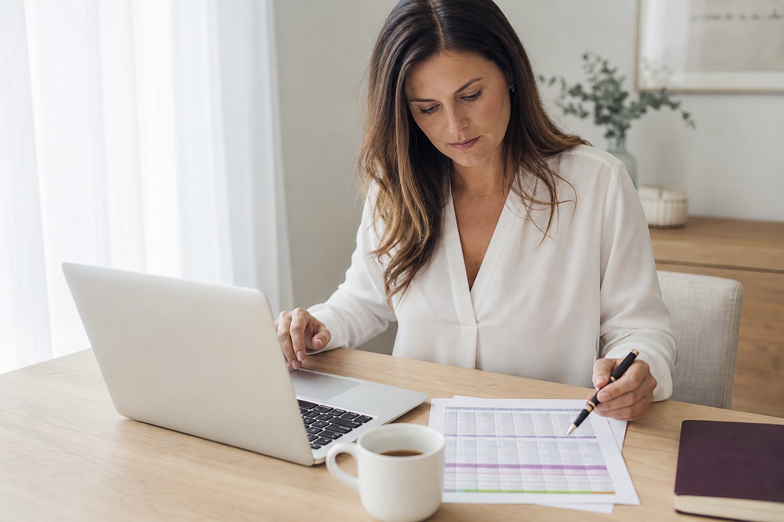 Woman reviewing a printed budget spreadsheet beside a laptop in soft morning light