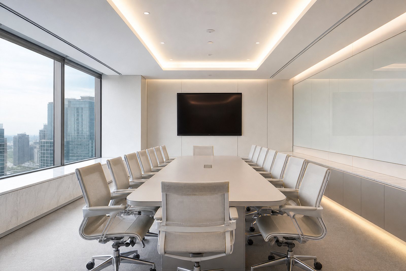 Empty modern conference room with a long table, ergonomic chairs and a bright window before an employee resource group session